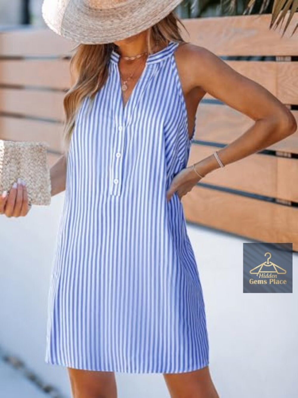 Sleeveless V-Neck Striped Mini Dress, Casual Summer Coverup, Relaxed Fit - Picture 5 of 7